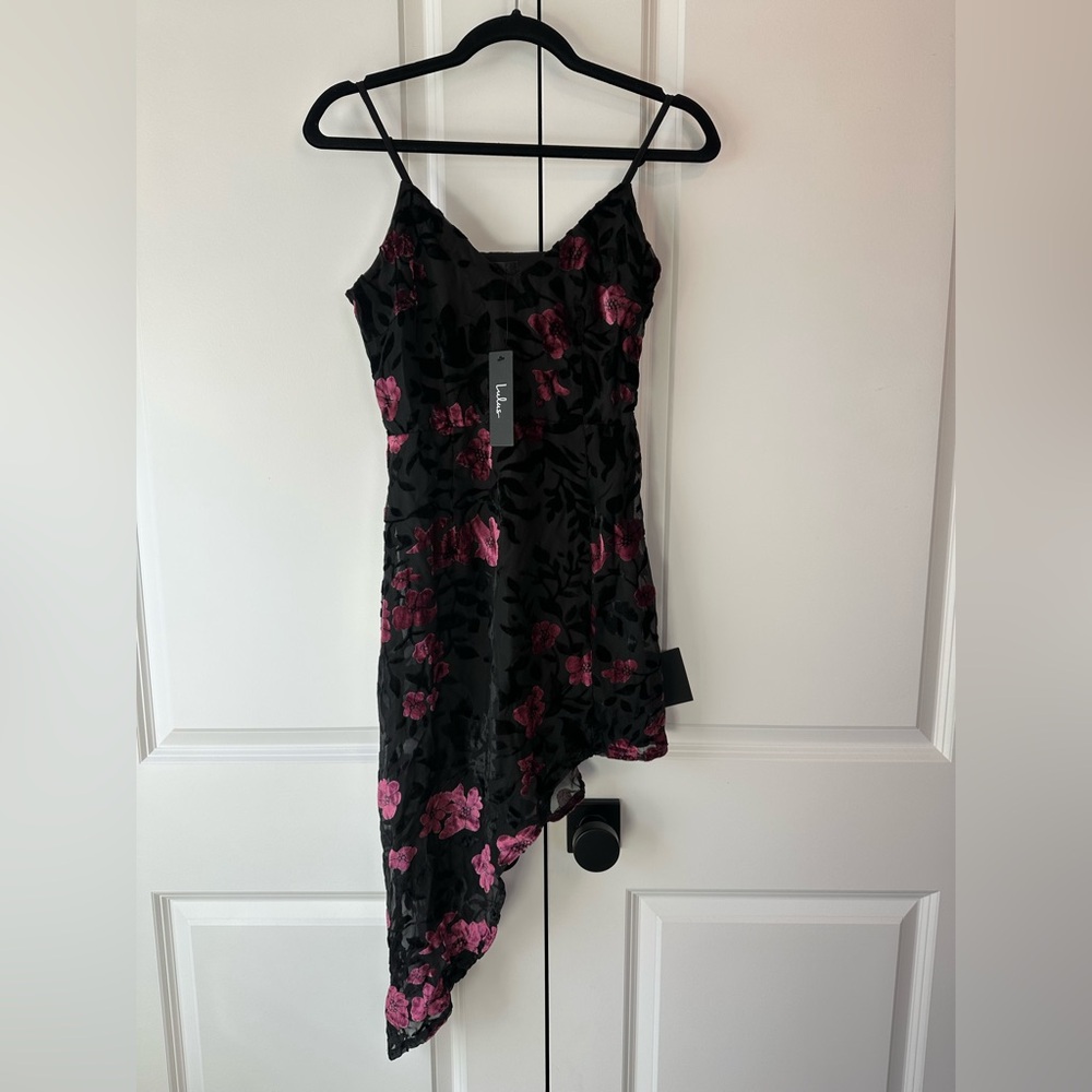 Lulus Women’s Evenings with You Black Floral Velvet Asymmetrical Dress NWT XS